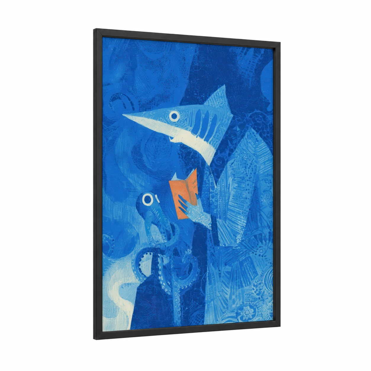 Blue Shark Ascending framed art print — black wood frame — blue and orange palette
