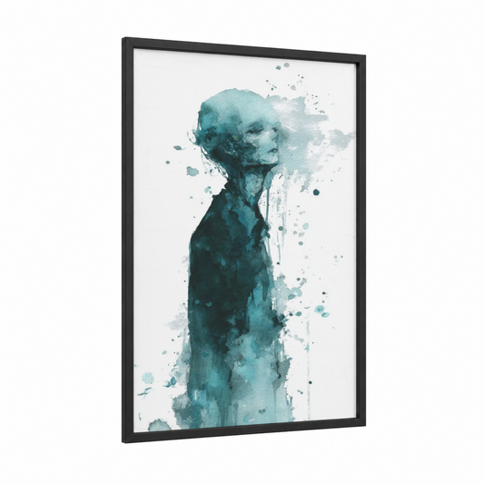 Ethereal Zombie framed art print — black wood frame — teal and white palette