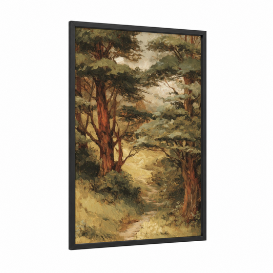 Sunlit Cedar Forest framed art print — black wood frame — brown and green palette