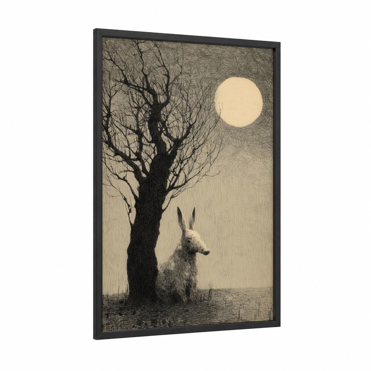 Moonlit Aardvark framed art print — black wood frame — black and white palette