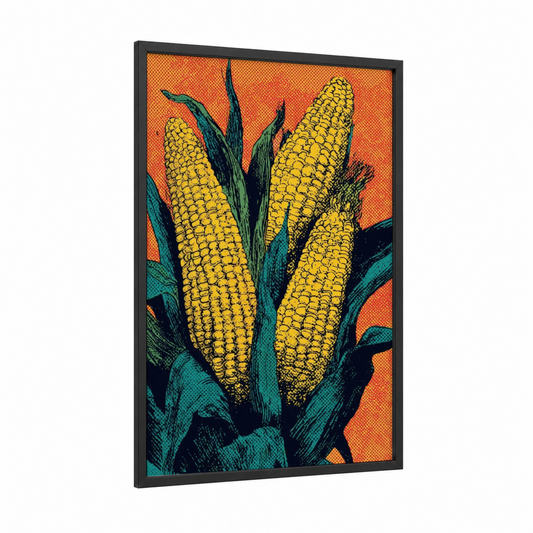 Golden Corn Bundle framed vegetable print — black wood frame — gold and orange palette