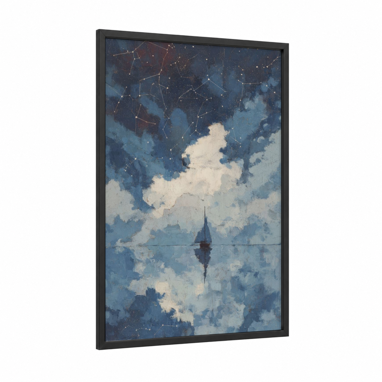 Starlit Sailboat framed sailing ship print — black wood frame — blue and cream palette