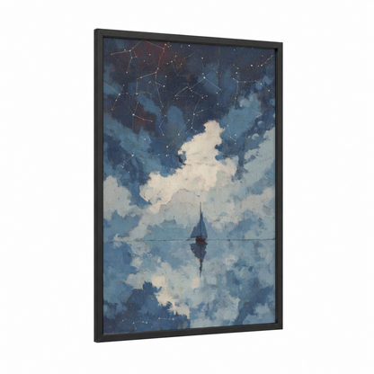 Starlit Sailboat framed sailing ship print — black wood frame — blue and cream palette