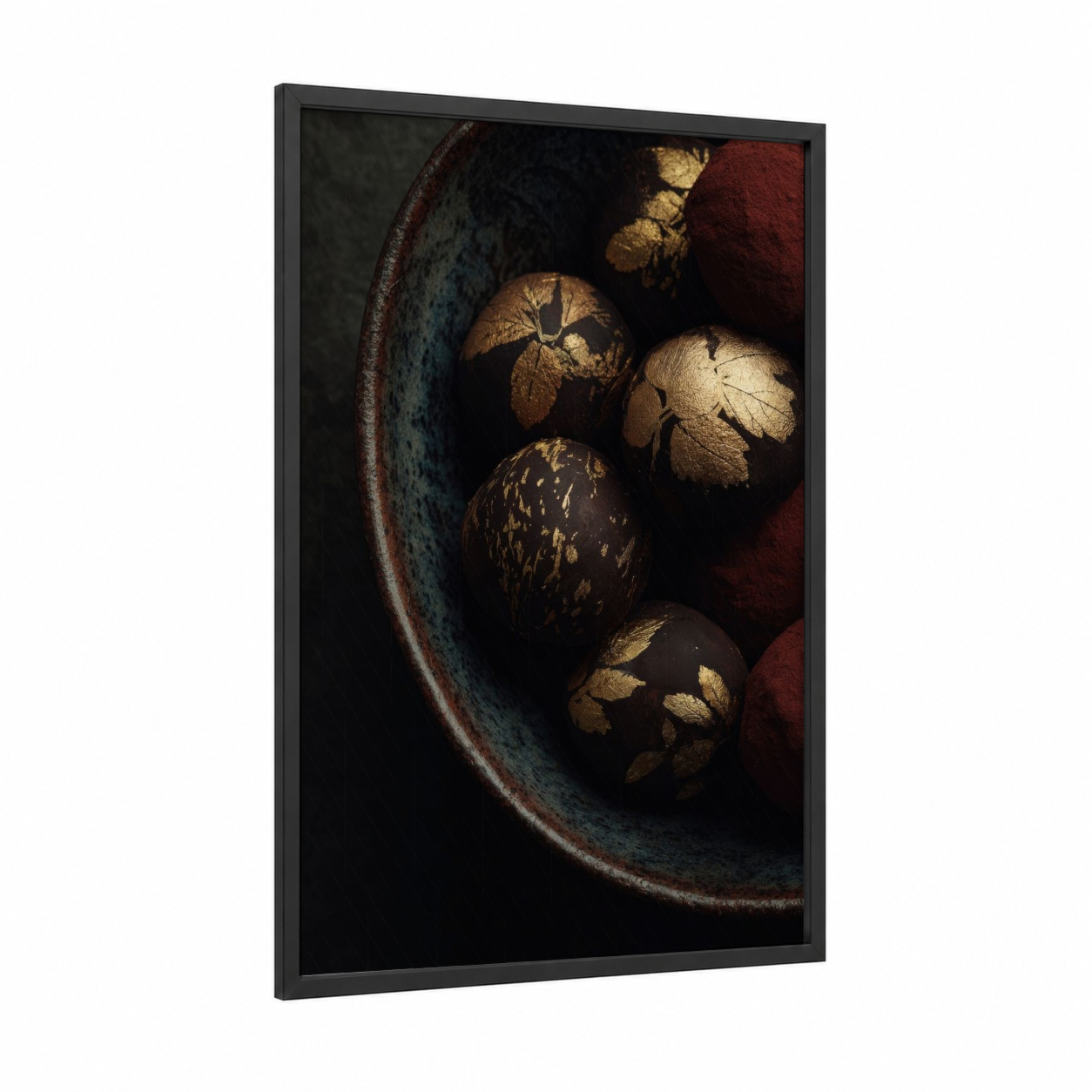 Golden Chocolate Truffles framed sweet print — black wood frame — gold and black palette