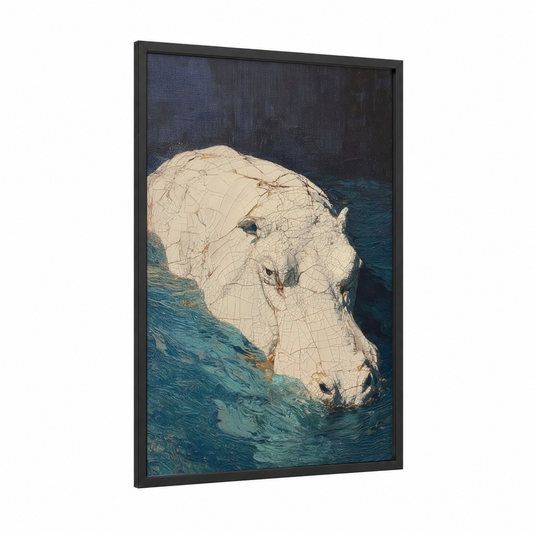 Submerged Hippo framed art print — black wood frame — cream and dark blue palette