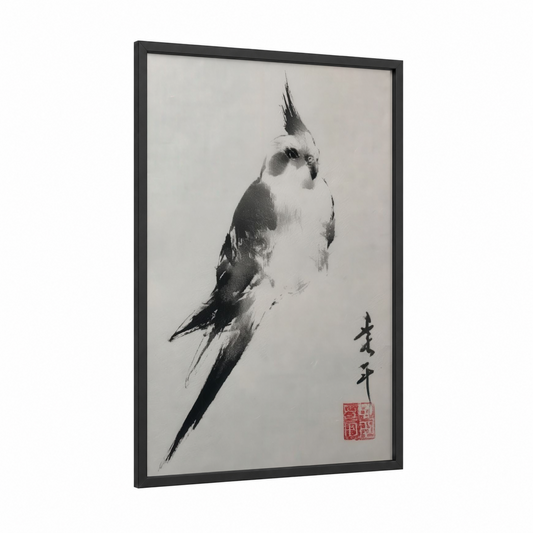 Crested Cockatiel framed art print — black wood frame — black and white palette