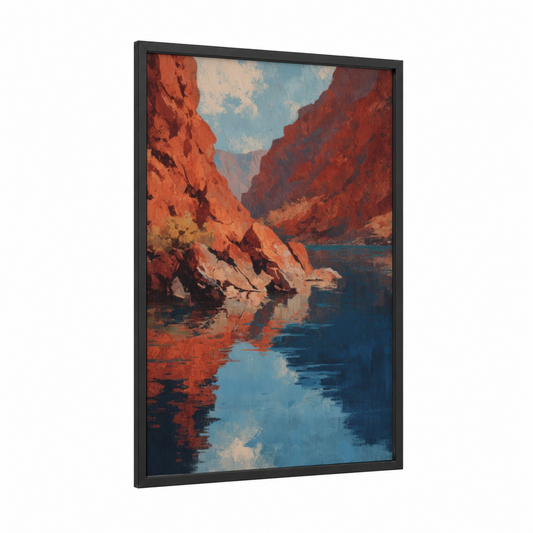 Crimson Canyon Lake framed lakes print — black wood frame — russet and blue palette