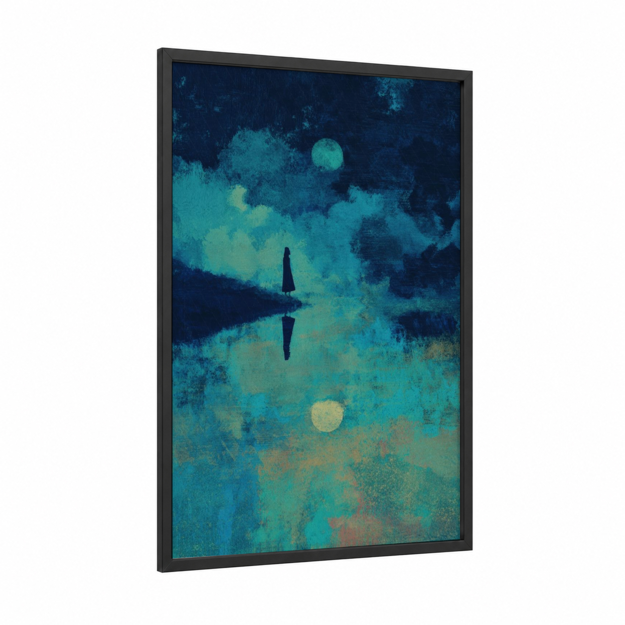 Moonlit Reflection framed wiccan print — black wood frame — dark blue and turquoise palette