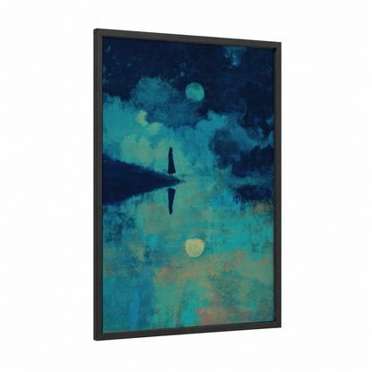 Moonlit Reflection framed wiccan print — black wood frame — dark blue and turquoise palette
