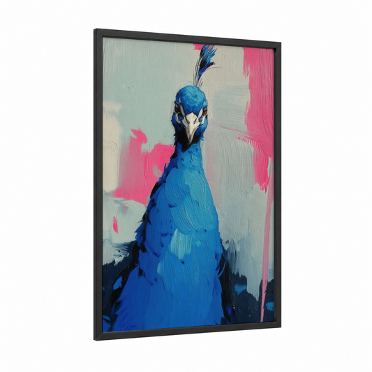 Blue Peacock Portrait framed art print — black wood frame — blue and pink palette