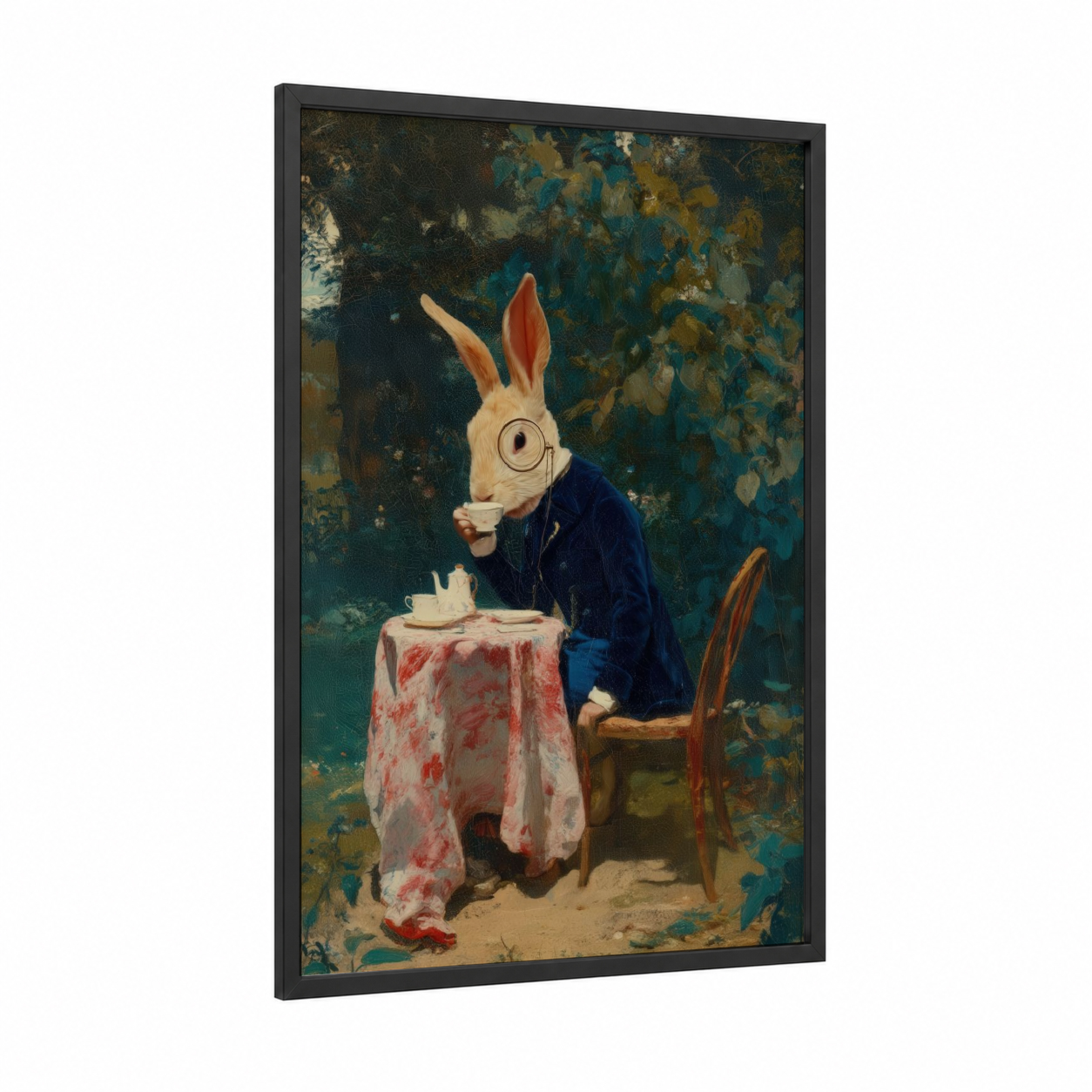 Curious Rabbit framed art print — black wood frame — teal and gold palette