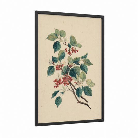 Crimson Dogwood Branch framed art print — black wood frame — red and sage green palette
