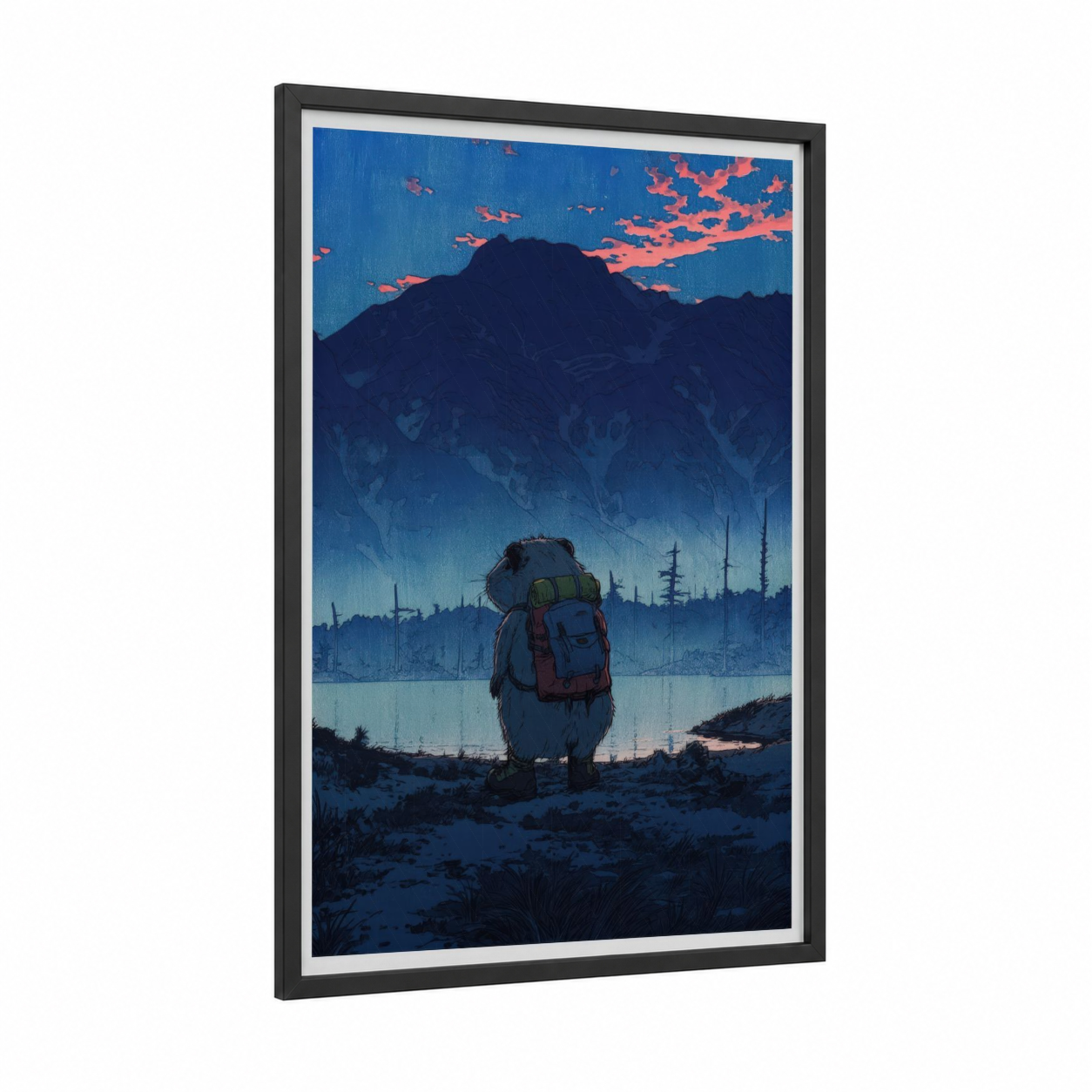 Alpine Explorer Guinea Pig framed art print — black wood frame — blue and salmon pink palette