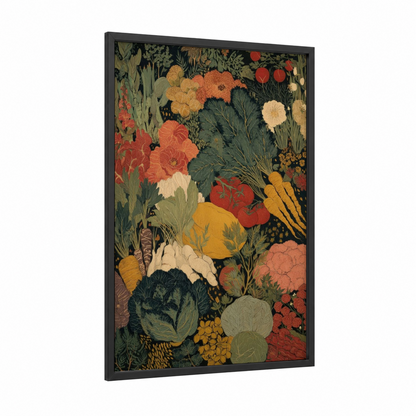 Garden Harvest Abundance framed vegetable print — black wood frame — russet and sage green palette