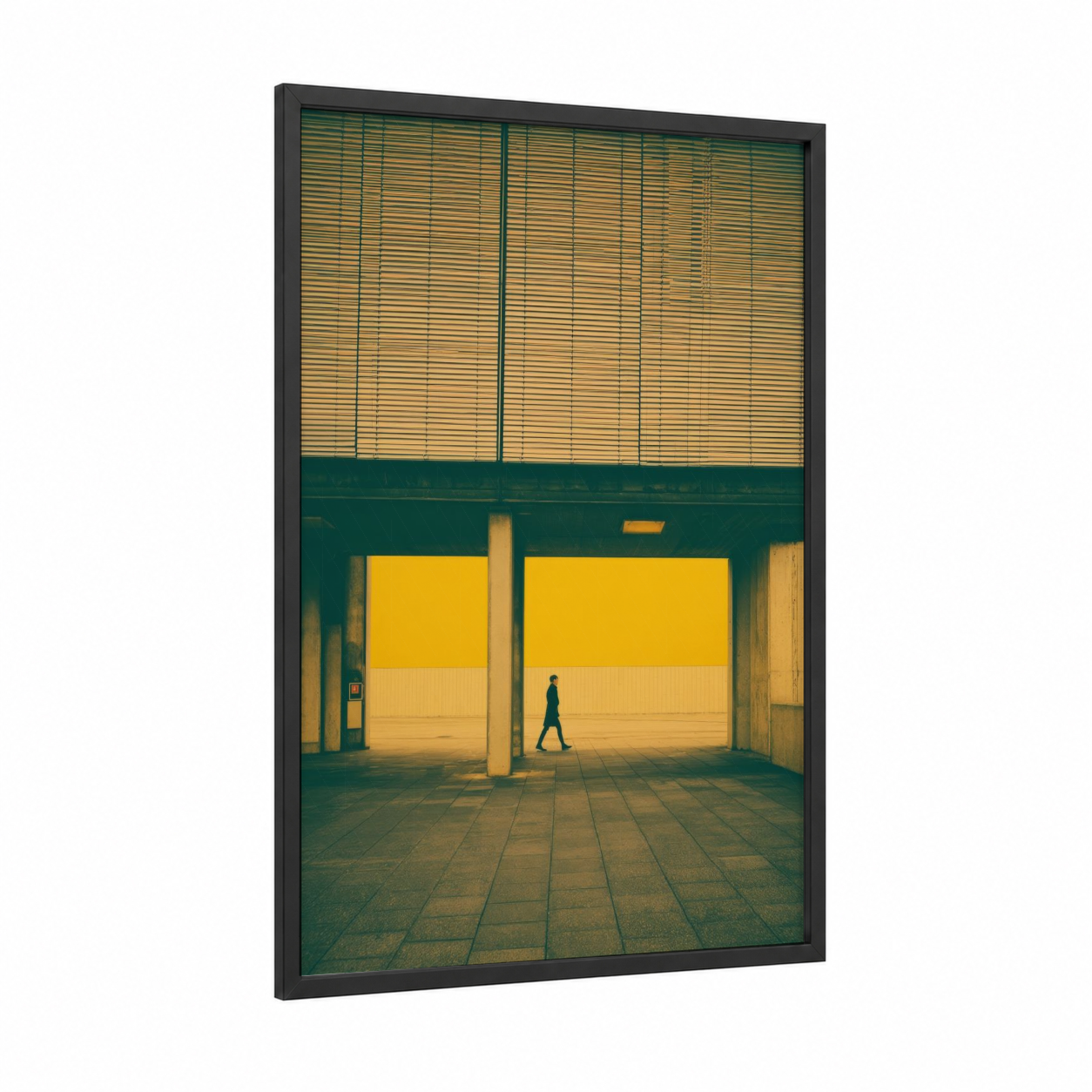 Geometric Passage framed abstract architecture print — black wood frame — teal and gold palette