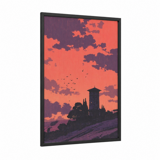 Crimson Tower Sunset framed towers print — black wood frame — red and purple palette