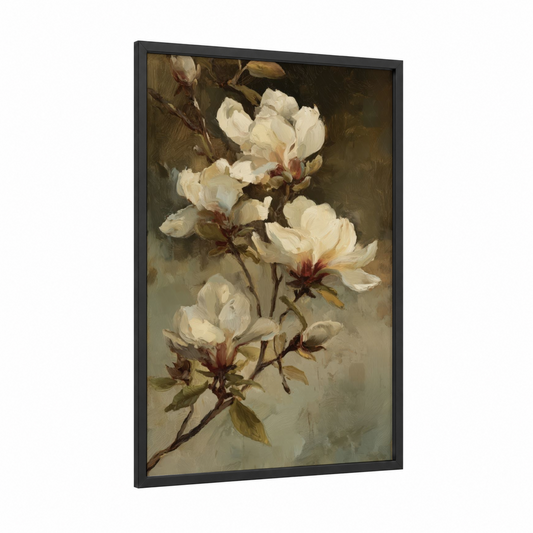 Cream Magnolia framed art print — black wood frame — cream and olive palette