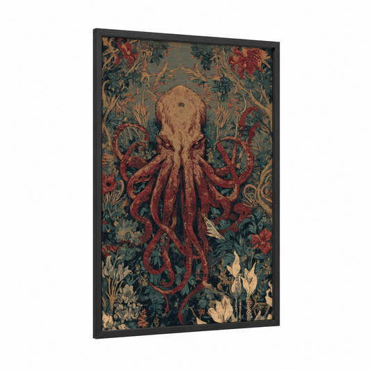 Crimson Cthulhu framed art print — black wood frame — red and dark green palette