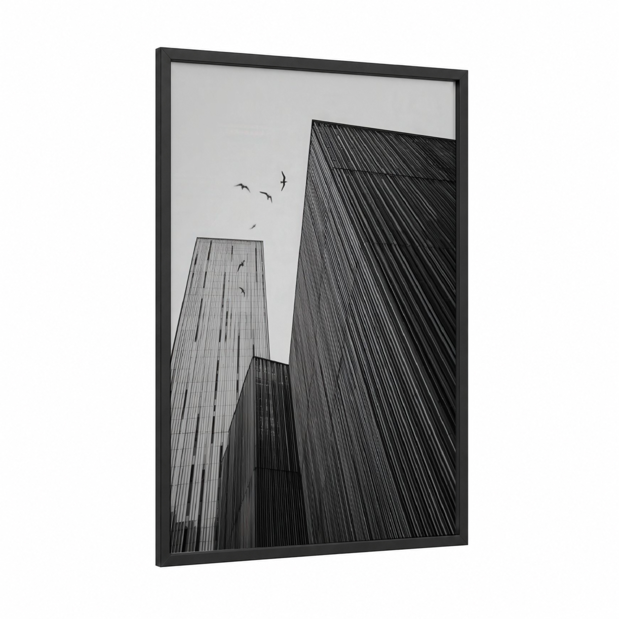 Skyward Architecture framed abstract architecture print — black wood frame — black and white and gray palette