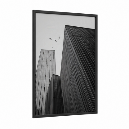 Skyward Architecture framed abstract architecture print — black wood frame — black and white and gray palette