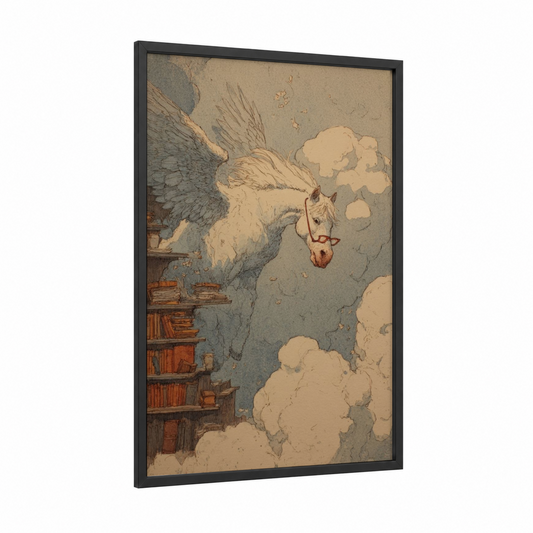 Celestial Pegasus framed art print — black wood frame — cream and dove gray palette