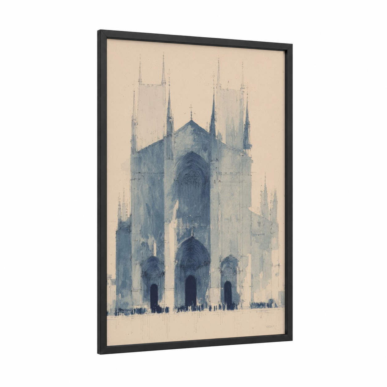Gothic Cathedral Sketch framed art print — black wood frame — blue and cream palette
