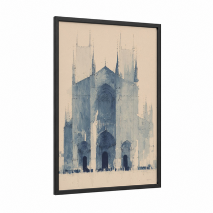 Gothic Cathedral Sketch framed art print — black wood frame — blue and cream palette