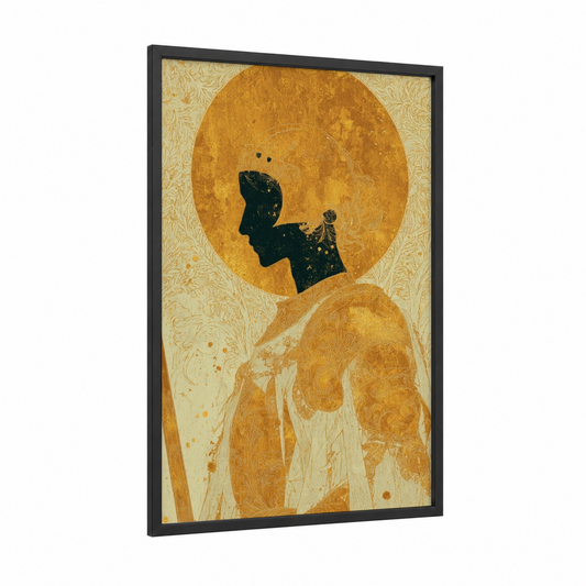 Golden Joan framed joan of arc print — black wood frame — gold and cream palette