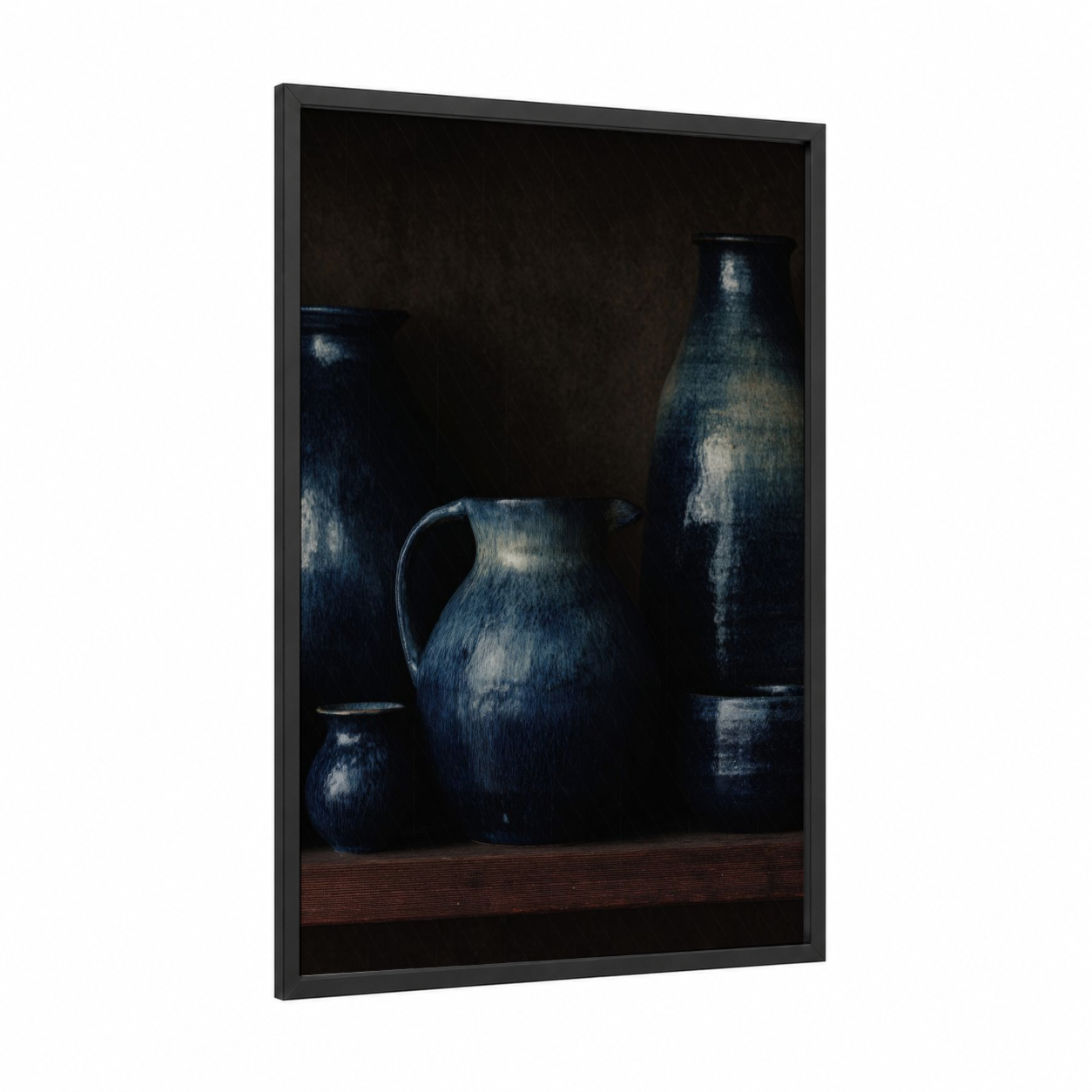 Rustic Pottery Collection framed art print — black wood frame — dark blue and gray palette