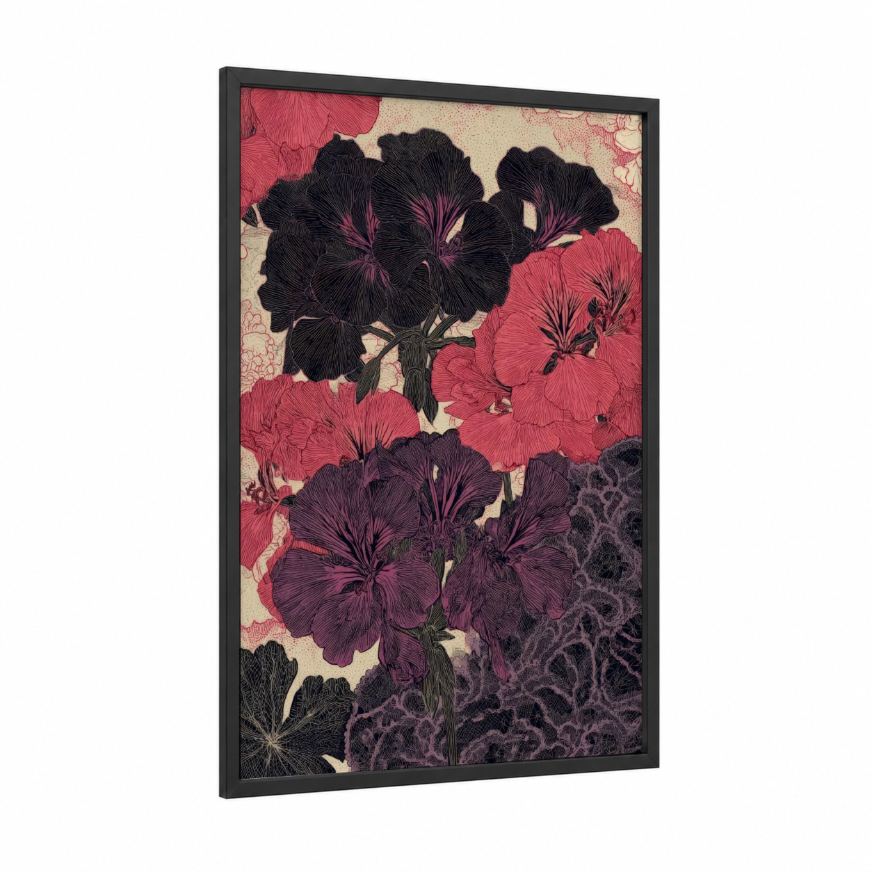 Midnight Geranium framed art print — black wood frame — maroon and black palette