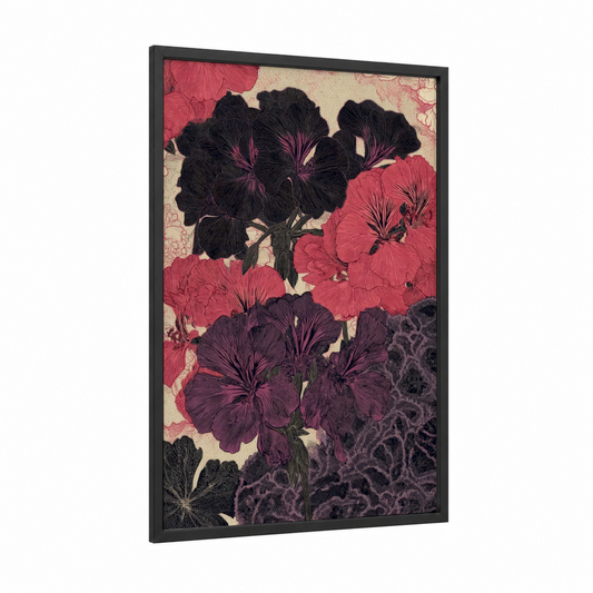 Midnight Geranium framed art print — black wood frame — maroon and black palette