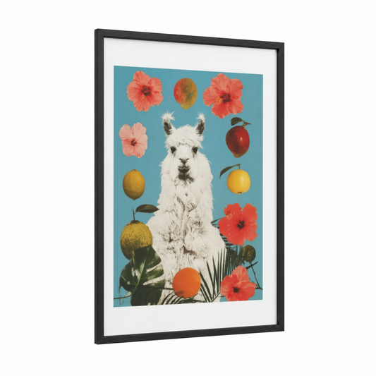 Tropical Llama Portrait framed art print — black wood frame — teal palette