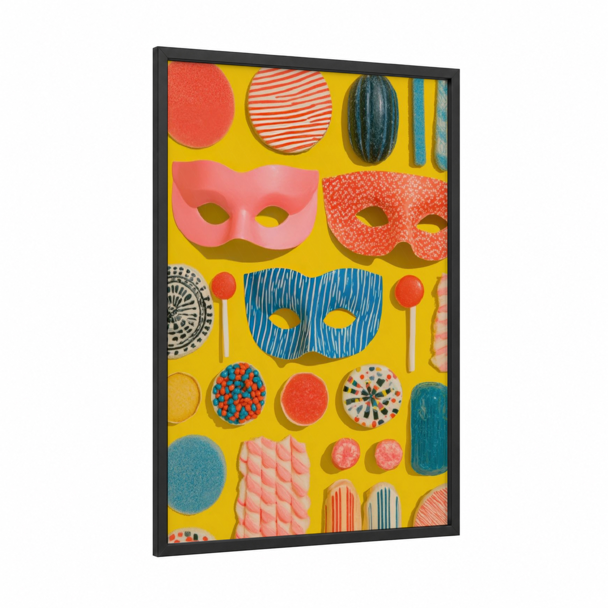 Colorful Party Masks framed halloween print — black wood frame — yellow and orange palette