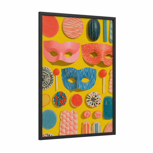 Colorful Party Masks framed halloween print — black wood frame — yellow and orange palette