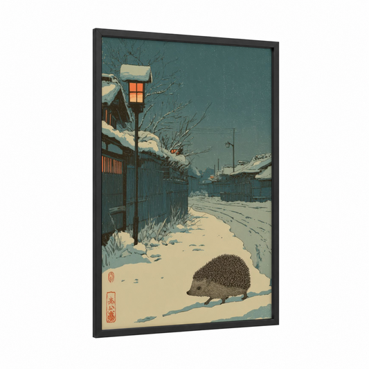 Snowy Evening Hedgehog framed art print — black wood frame — teal and cream palette