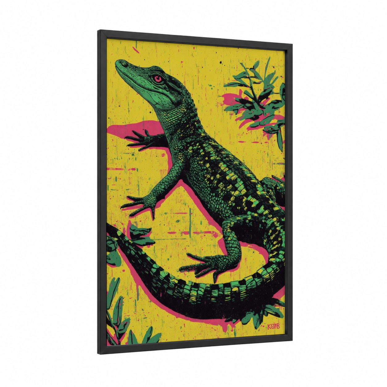 Neon Alligator framed art print — black wood frame — yellow and magenta palette