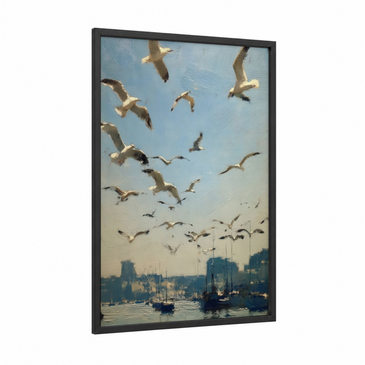 Harbor Seagulls framed art print — black wood frame — blue and gold and cream palette