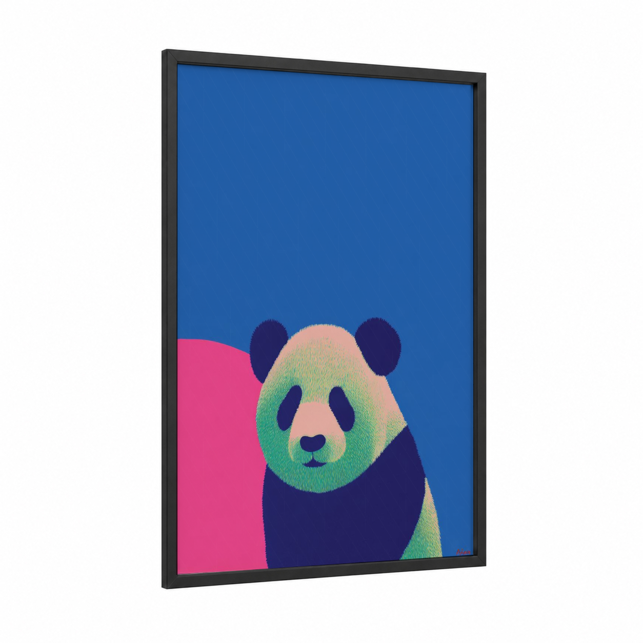 Gradient Panda framed art print — black wood frame — blue and pink palette