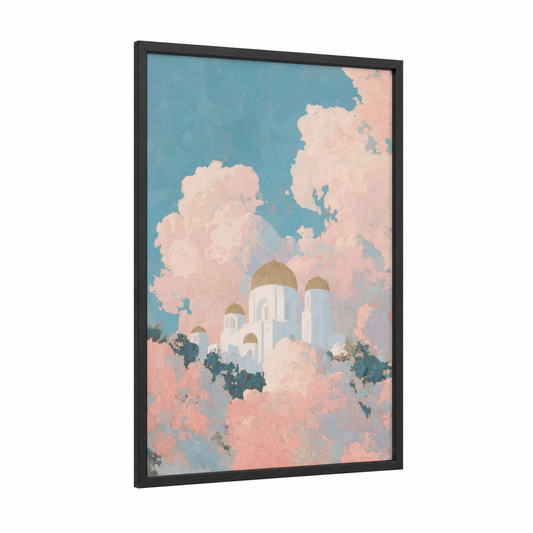 Heavenly Castle framed art print — black wood frame — blue and peach palette