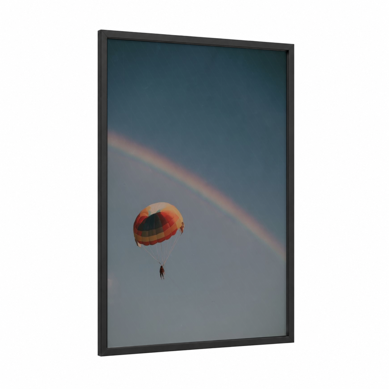 Rainbow Parasail framed parasailing print — black wood frame — blue and orange palette