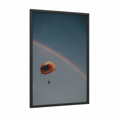 Rainbow Parasail framed parasailing print — black wood frame — blue and orange palette