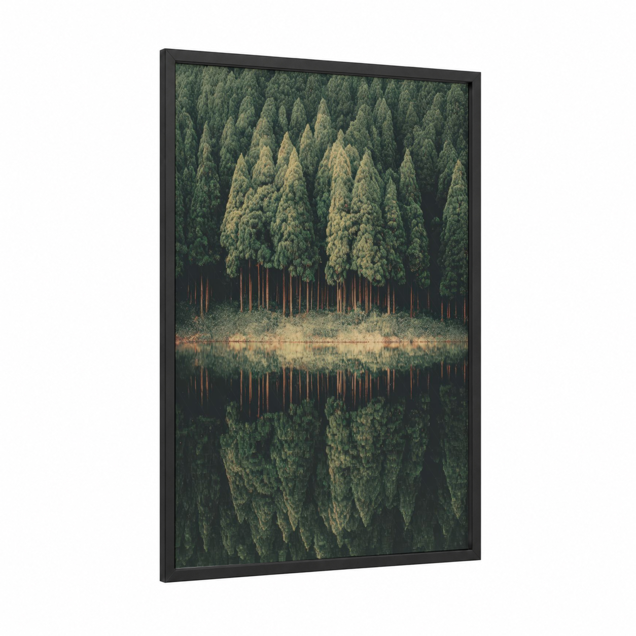 Pine Forest Reflection framed art print — black wood frame — dark green and olive palette