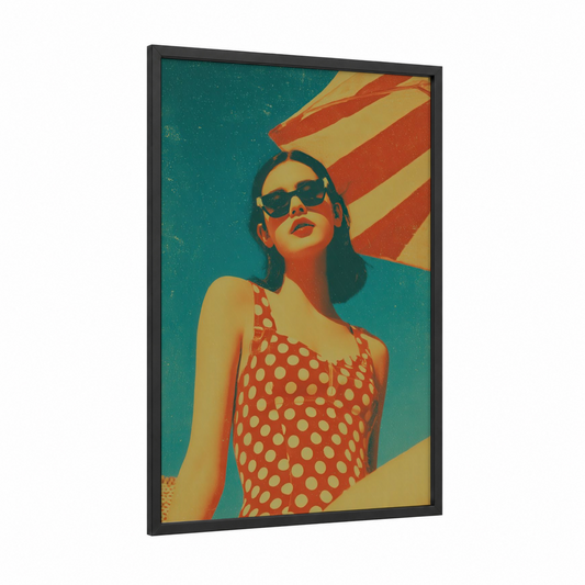Retro Summer Sunglasses framed women's fashion print — black wood frame — teal and gold palette