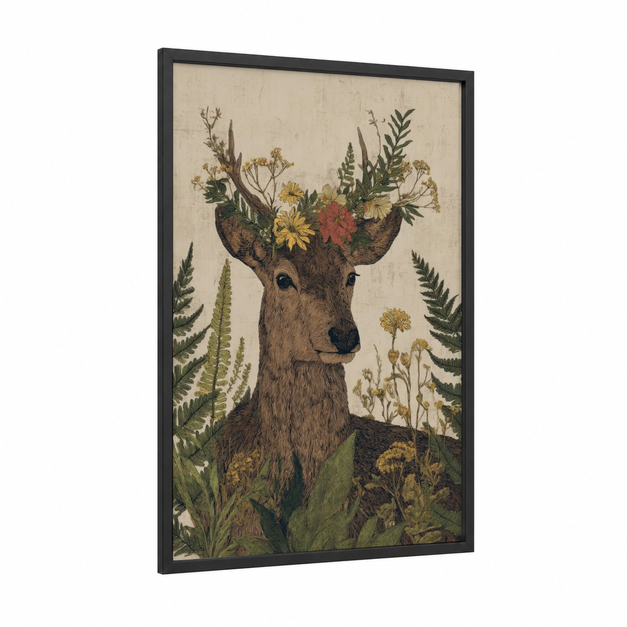 Floral Elk Portrait framed art print — black wood frame — beige and olive palette