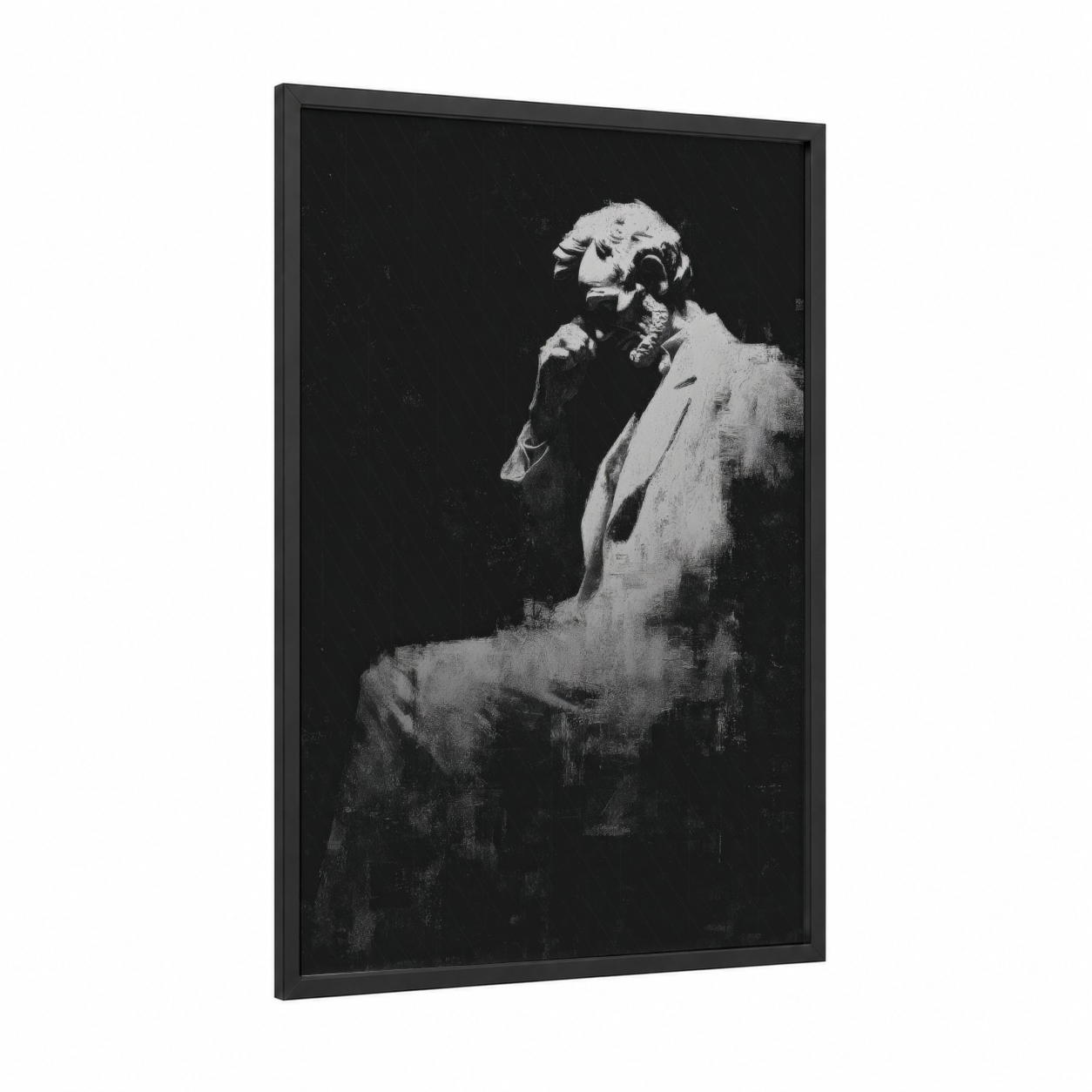 Contemplative Lincoln framed lincoln memorial print — black wood frame — black and white palette