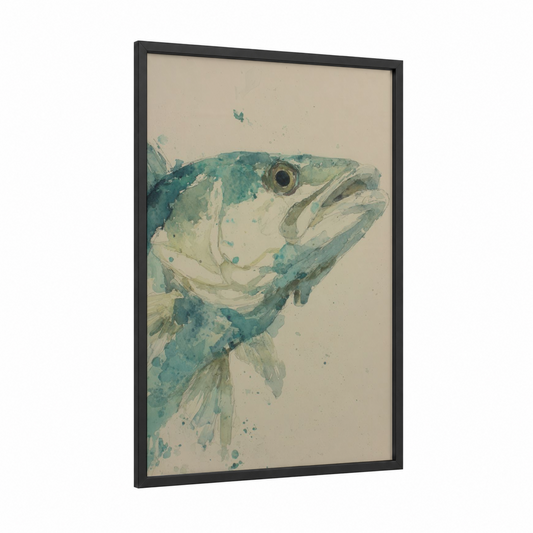 Turquoise Snook framed art print — black wood frame — teal and cream palette