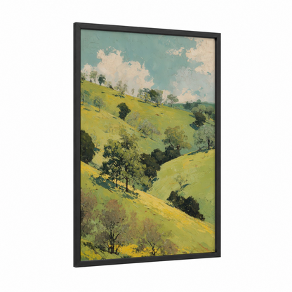 Golden Sierra Valley framed sierra nevada print — black wood frame — yellow gold and blue and green palette
