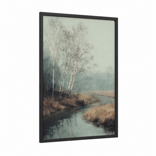Misty Birch Trees framed art print — black wood frame — gray and sage green palette
