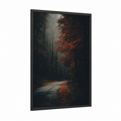Misty Autumn Road framed road and highways print — black wood frame — russet and gray palette