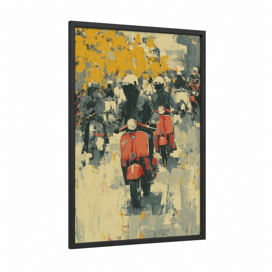Vintage Scooter Ride framed art print — black wood frame — gold and gray palette